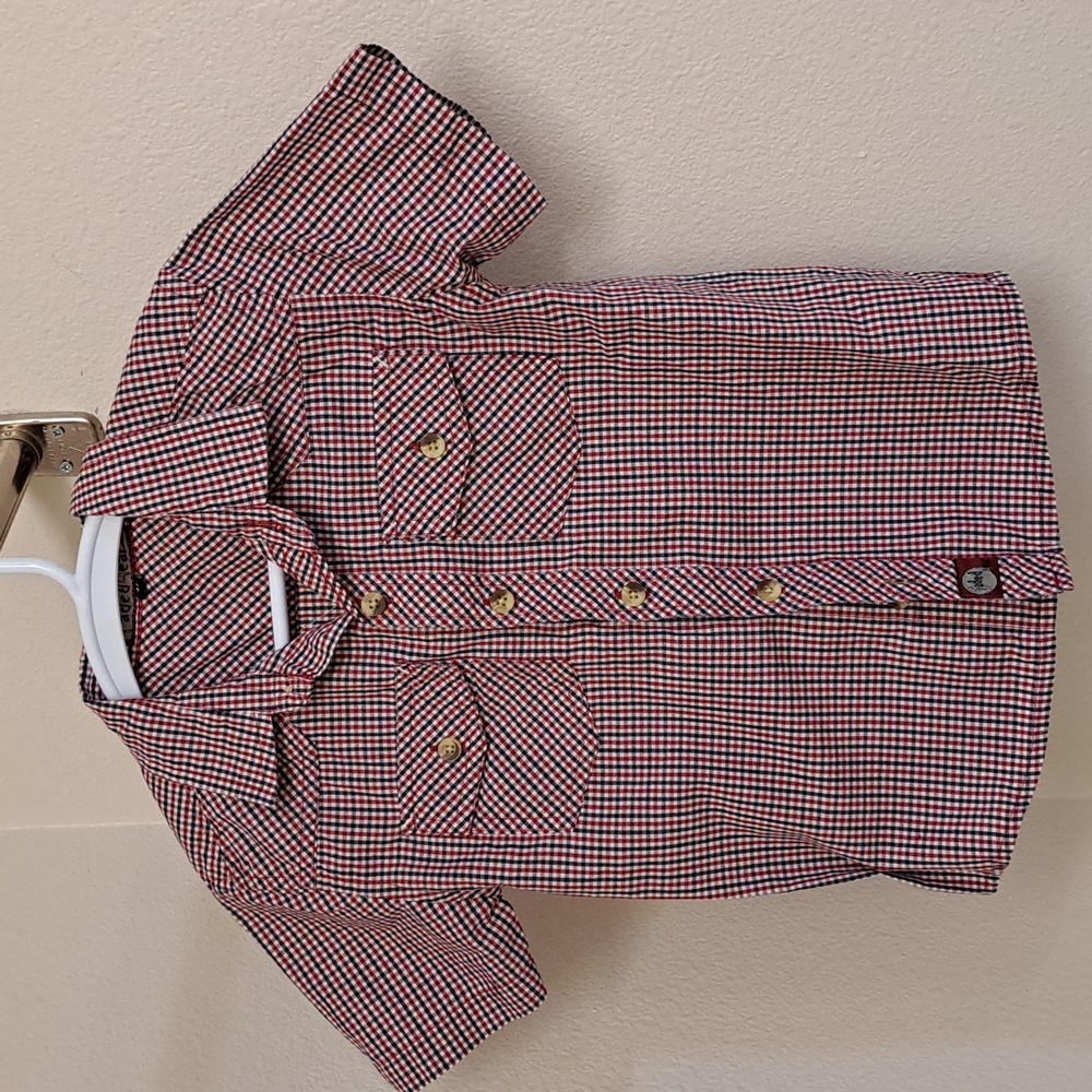 Boys Faded Gear Short-Sleeve Button-Down Shirt,  sz 4T, Red/White/Blue Checked